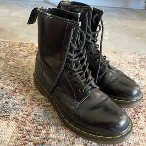Dr. Martens Black Leather Lace-Up Boots with Yellow Stitching
